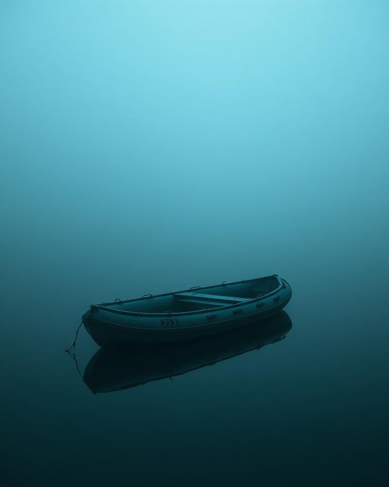 PVC fishing boat on a misty lake