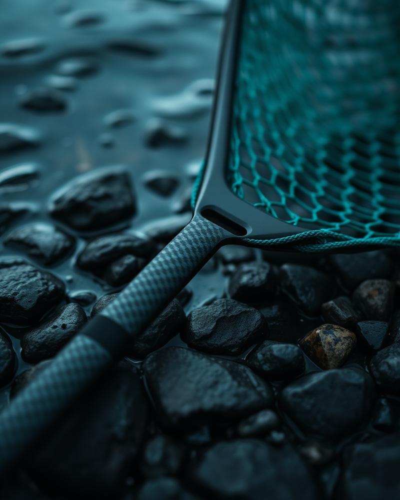 Carbon landing net handle on wet stones