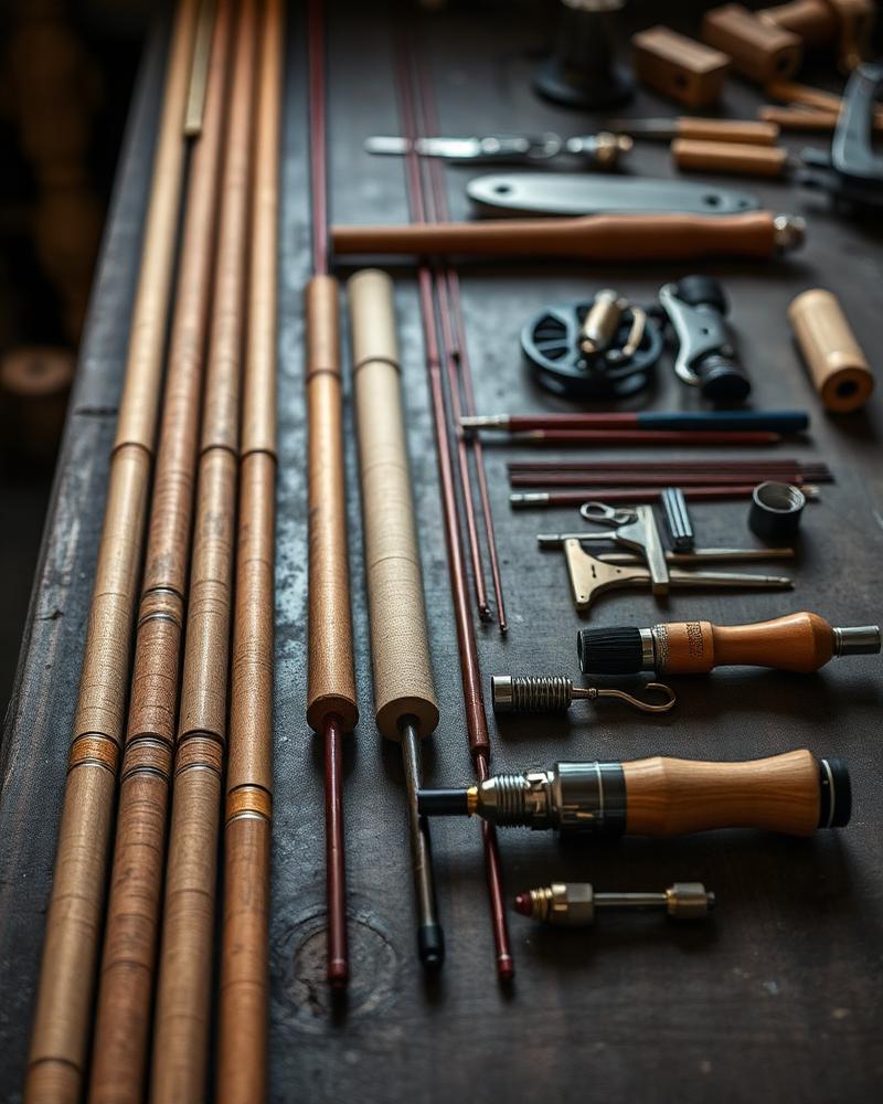 Rod blanks and components on a workbench